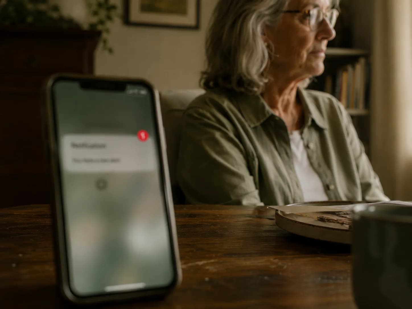Older parent at home with a blurred urgent phone notification in the foreground