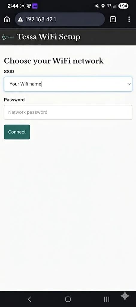 Setup page - choose the Tessa Listener Wi-Fi network and password