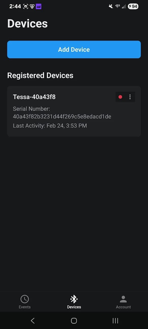 Add Device screen in Tessa Companion app