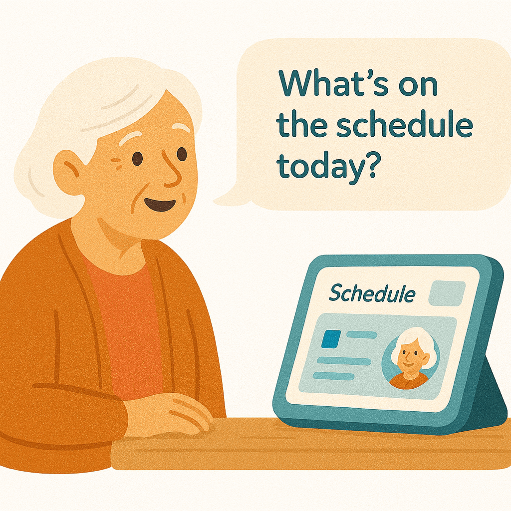 Senior adult having a natural conversation with the Memory Companion device, showing ease of use and engagement