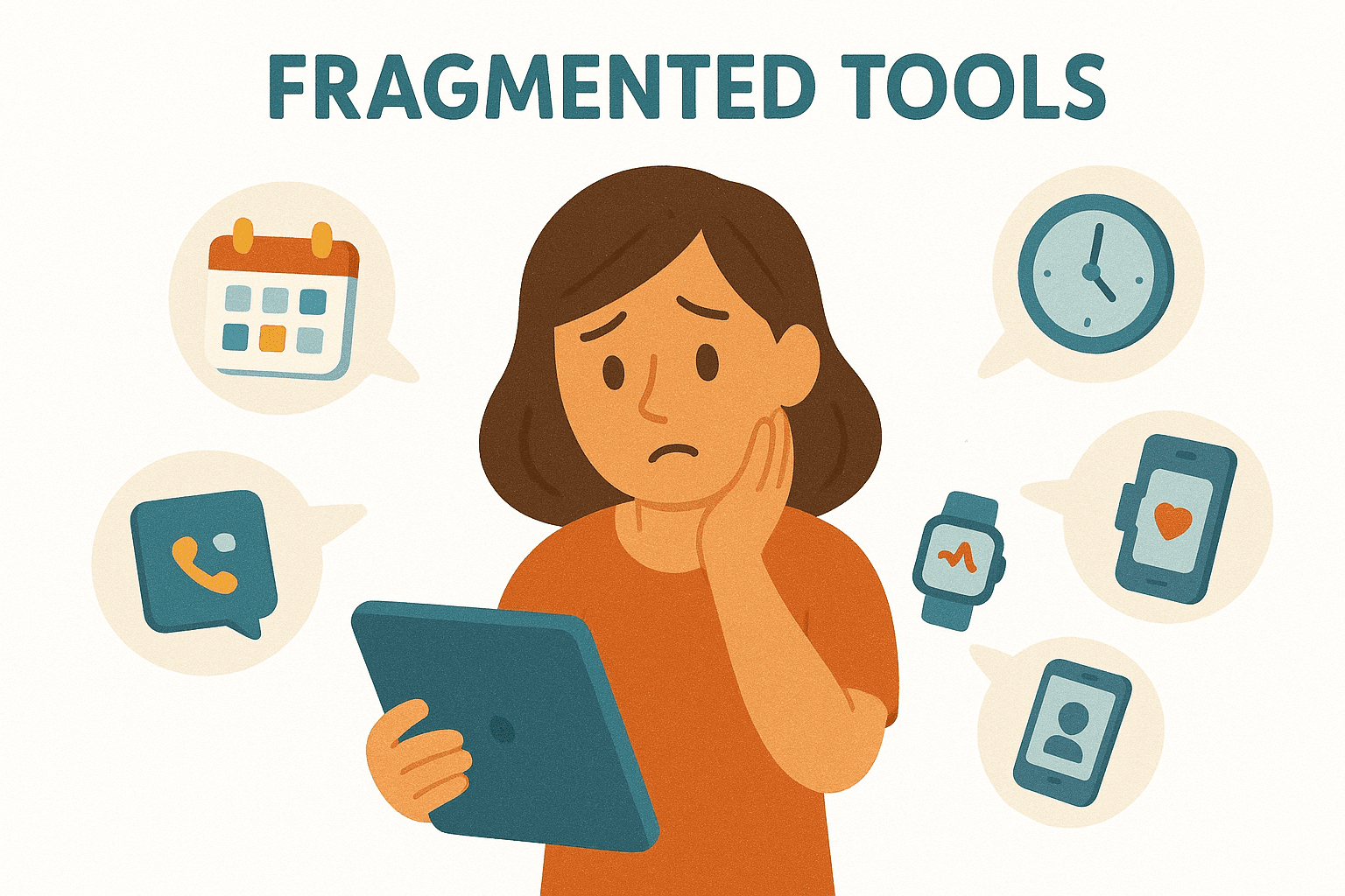 Caregiver managing multiple apps and devices, highlighting the need for integrated solutions