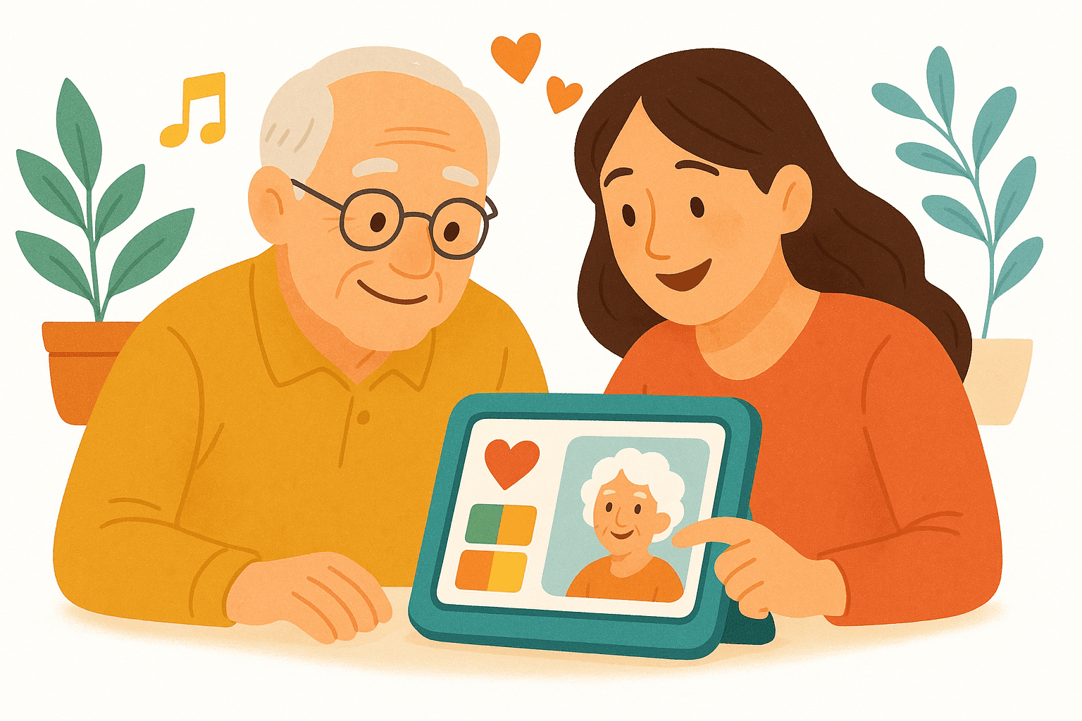 Warm and inviting scene showing a senior adult and their family member engaging with the Memory Companion device, symbolizing connection and support