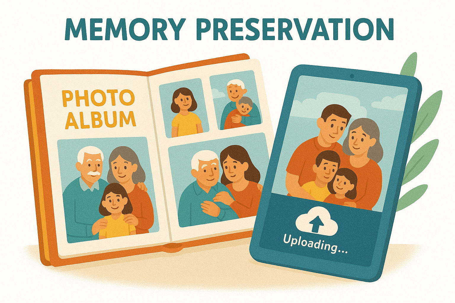 Family photo album and digital memories being preserved, representing the importance of memory preservation