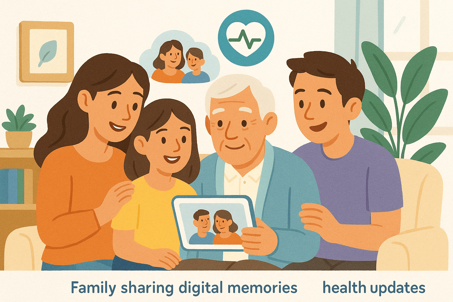 Family sharing digital memory stories and health updates